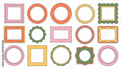 A collection of colorful decorative frames in various shapes and designs are neatly arranged on a plain white background high quality professional detailed modern elegant stylish