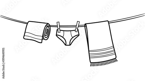 A simple line drawing depicts freshly laundered items hanging on a clothesline showcasing a towel underwear and another towel high quality professional detailed modern elegant stylish