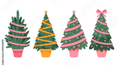Four stylized christmas trees are depicted with colorful ribbons and star toppers arranged in a row on a white background high quality professional detailed modern elegant