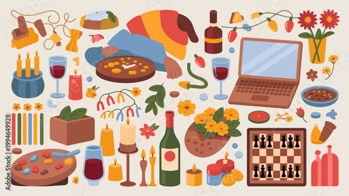 A vibrant flat lay illustration depicts a cozy autumn scene with food drinks technology and decorative elements high quality professional detailed modern elegant stylish clean crisp