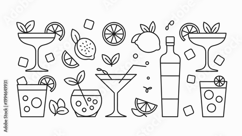 A minimalist black and white illustration showcases various cocktail elements like glasses citrus fruits and bottles in a playful arrangement high quality professional detailed modern elegant