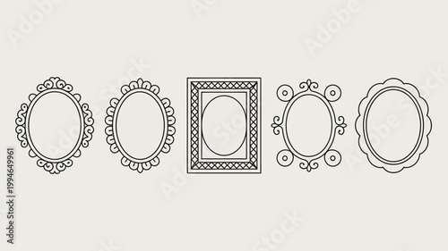 A collection of five ornate empty frame outlines is displayed against a neutral beige background showcasing various decorative styles high quality professional detailed modern elegant stylish