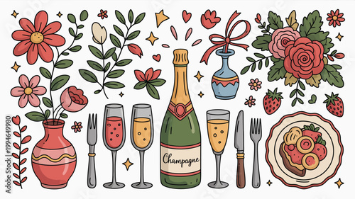 A charming colorful illustration depicts a festive arrangement of flowers champagne bottles glassware and celebratory food items high quality professional detailed modern elegant stylish clean crisp