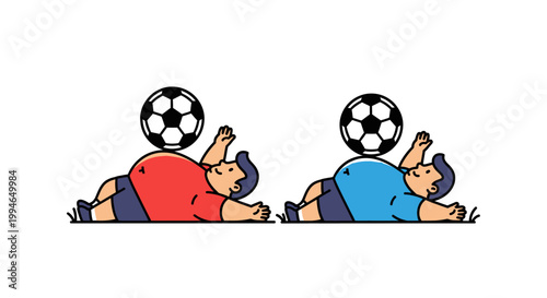 Two Cartoon Figures Balancing Soccer Balls on Their Heads.