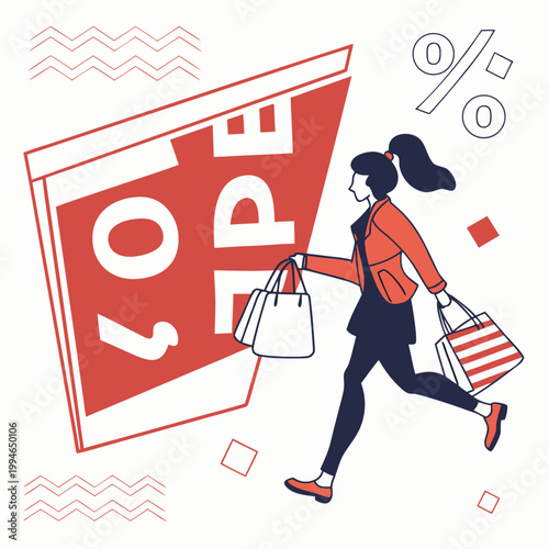 A woman happily walking with shopping bags and a large sale sign in a modern vector graphic illustration