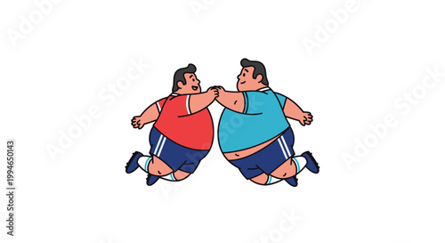 Two cartoon men in athletic poses with big bellies and smiles.