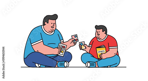 Two cartoon men sitting and playing trading cards together.