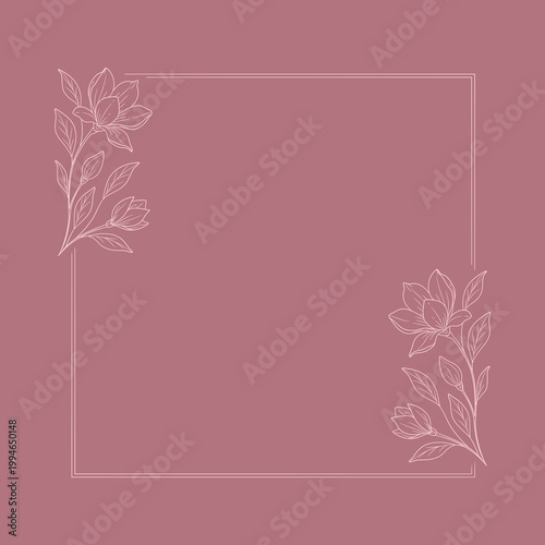 Elegancka kwadratowa ramka z magnolią w stylu line art na różowym tle, do zaproszeń ślubnych, kart okolicznościowych, social media i projektów graficznych.