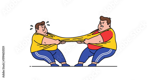 Two cartoon men in a tug-of-war competition, straining to win.