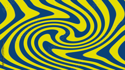 Abstract optical illusion background with yellow dark blue swirling wavy spiral stripes, hypnotic dynamic motion, and vibrant geometric decorative layout