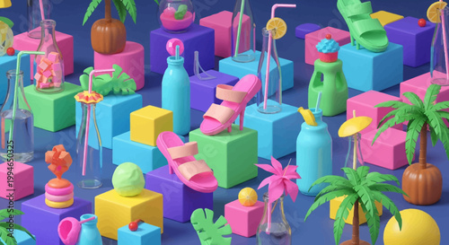 Colorful tropical 3D isometric still life with palm trees and summer drinks