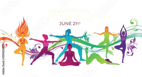 Yoga, Summer Solstice, June 21st, Colorful Yoga Poses, Meditation Icons, Vector Illustration