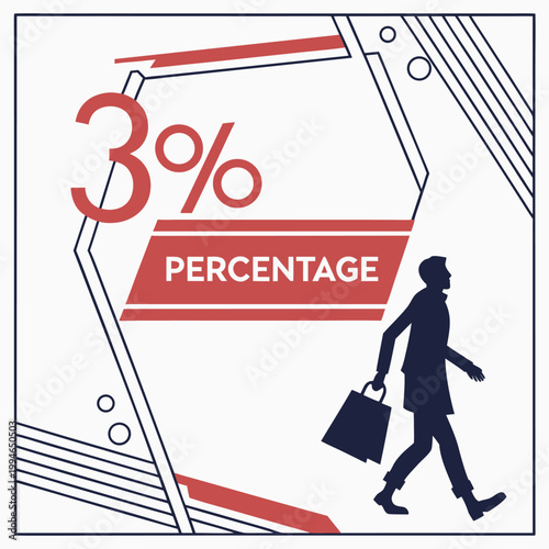A minimalist vector graphic illustration of a businessman walking with a briefcase, surrounded by geometric shapes and percentage symbols.