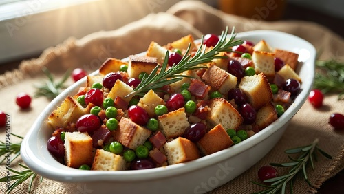 Savory bread stuffing mixed with fresh green peas and red cranberries in a white serving dish