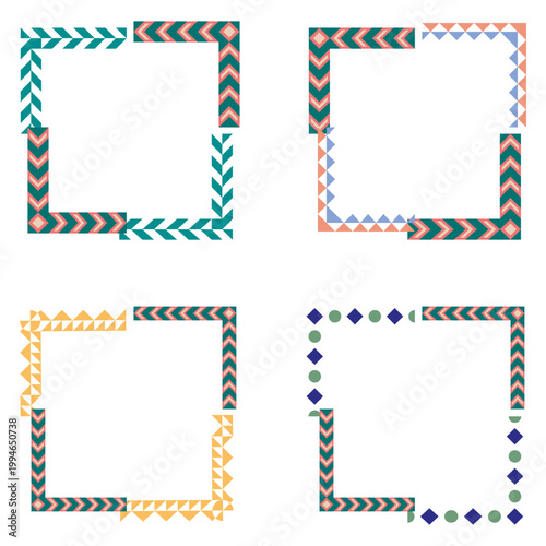 Patterned colorful border. Decorative square set. Geometric vector ornament. Vibrant frame collection