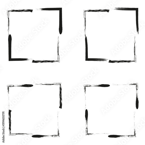 Grunge black frame. Ink stroke border. Vector square set. Rough outline icon