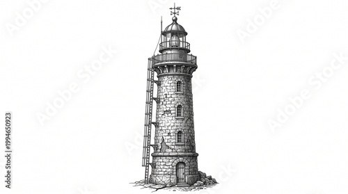Classic Stone Lighthouse Guiding the Way in Black and White Silhouette