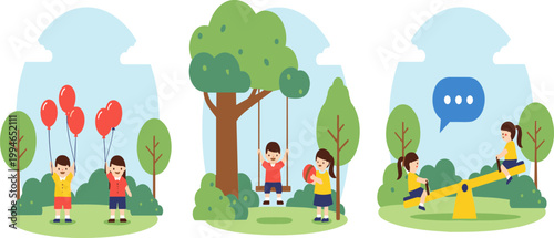 Children playing in park with balloons, friends having fun outdoors, kids activities, communication and teamwork, happy childhood flat vector illustration set