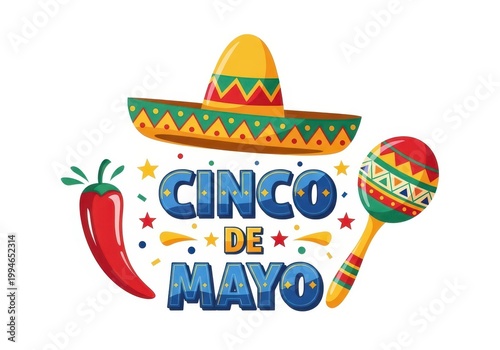 Vibrant celebration graphic for cinco de mayo with sombrero, pepper, and maraca