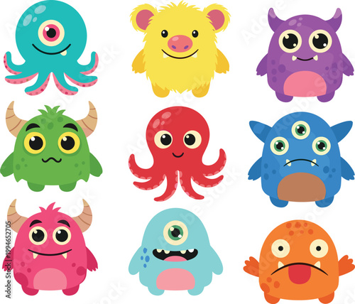 Cute Monster Character Set with Colorful Cartoon Creatures and Funny Expressions for Kids Design, Stickers, Games, and Vector Illustration Collection.