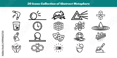 Collection of diverse abstract and symbolic icons in monochrome style
