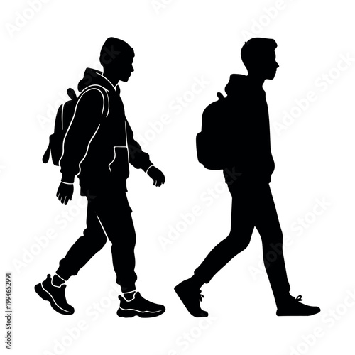 Silhouette of two young men walking with backpacks, male students going to college or travel, isolated vector illustration on white background.