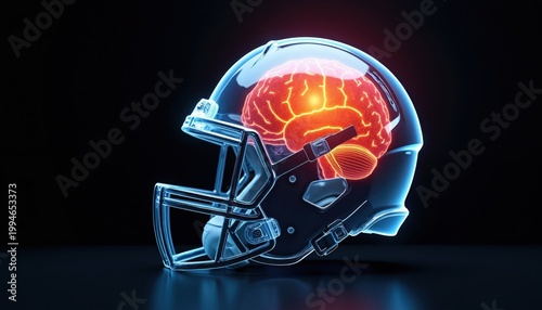American football helmet with glowing brain inside indicating head injury risk. This graphic visualizes sport impact on brain. Safety awareness for athletes.