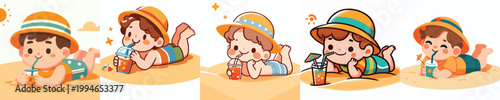 vector of a little boy sitting relaxed on his stomach on the beach enjoying summer