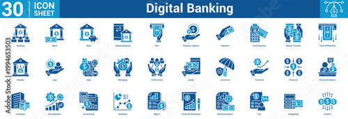 digital banking icon set containing advisor, company, management, accounting, analytics, report, and more.