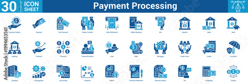 Payment Processing editable icon set vector illustration concept for business with icon of Payment System, Payment, Card Payment, Money Transfer, Cash Withdrawal, Mobile Banking, Atm, Deposit, Bank.