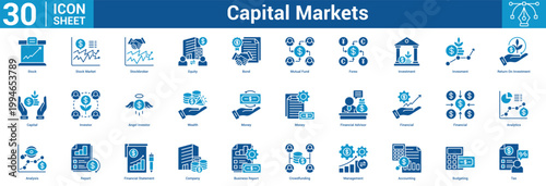 Capital Markets editable icon set vector illustration concept for business with icon of Stock, Stock Market, Stockbroker, Equity, Bond, Mutual Fund, Forex, Investment, Invesment, Return On Investment.