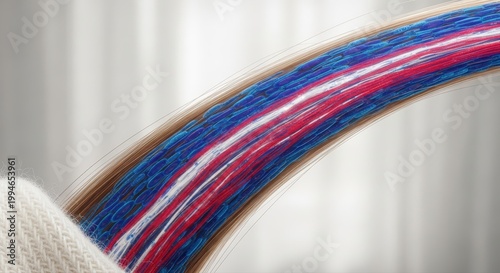 Detailed microscopic view reveals hair strand structure with blue scales and vibrant red and white inner fibers