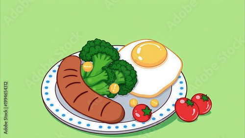 ​Healthy breakfast plate with grilled sausage, fried egg, broccoli, corn, and cherry tomatoes, nutritious meal illustration on green background