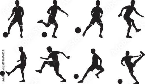 Soccer player silhouettes with flaming fire balls set