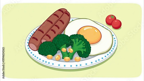 ​Healthy breakfast plate with grilled sausage, fried egg, broccoli, corn, and cherry tomatoes, nutritious meal illustration on green background