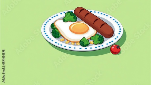 ​Healthy breakfast plate with grilled sausage, fried egg, broccoli, corn, and cherry tomatoes, nutritious meal illustration on green background