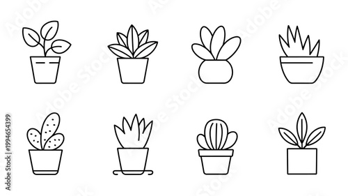 A collection of eight potted plants is displayed in a simple linear style featuring varying leaf shapes and pot designs high quality professional detailed modern elegant