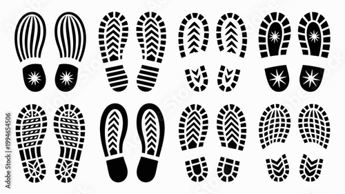 A collection of diverse shoe sole prints is displayed in black and white showcasing different tread patterns and designs high quality professional detailed modern elegant stylish