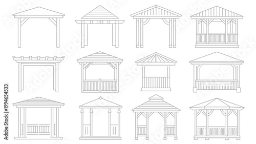 A collection of twelve different gazebo and pergola designs are shown as line drawings each with varying roof styles and structures high quality professional detailed modern