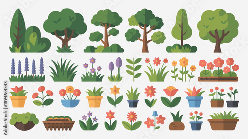 A colorful flat design illustration showcases a variety of trees shrubs flowers and potted plants arranged in horizontal rows high quality professional detailed modern elegant stylish