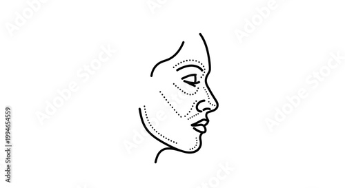 Cosmetic surgery face lines illustration, dotted lines on woman's profile for aesthetic procedures