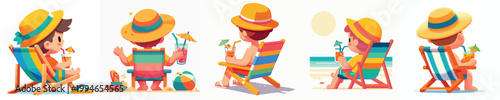 vector of a little boy sitting on a beach chair enjoying summer back view