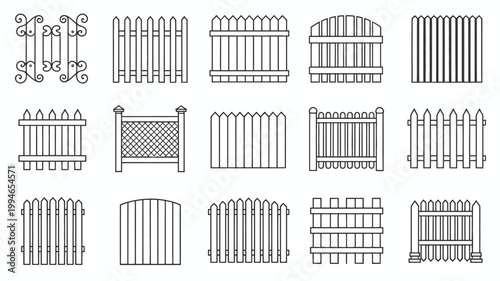 A collection of various picket fence designs is displayed in a linear black and white illustration showcasing different styles and shapes high quality professional detailed modern