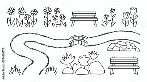 A simplistic line drawing depicts a peaceful park scene featuring flowers benches a small bridge a winding stream and rocks high quality professional detailed modern elegant