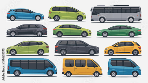 A colorful collection of various vehicle types are displayed in a grid arrangement including cars vans and small passenger transports high quality professional detailed modern elegant
