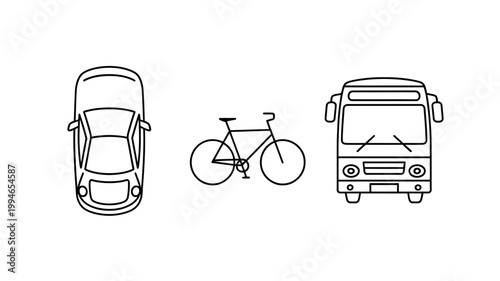 A minimalist black and white illustration depicts a car bicycle and bus arranged in a horizontal line viewed from directly above high quality professional detailed modern