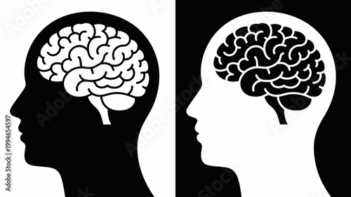 Fotografija A split depiction of the human head in profile showcases two contrasting brain r