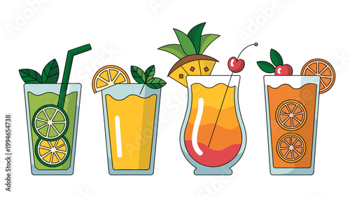 A vibrant illustration showcases four different colorful drinks in tall glasses garnished with fruit and mint leaves high quality professional detailed modern elegant stylish clean crisp