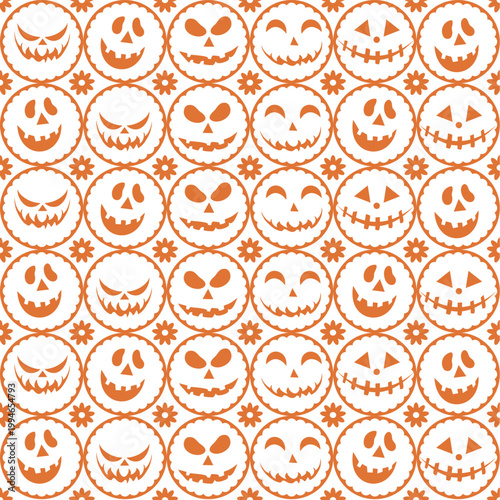 Seamless pattern of jack o lantern smiles in orange. Simple and playful Halloween design ideal for fabric, wrapping, and seasonal decor.