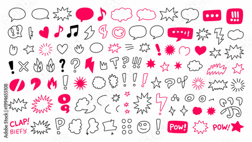 A collection of hand drawn speech bubbles musical notes stars and various expressive symbols in pink and black high quality professional detailed modern elegant stylish clean